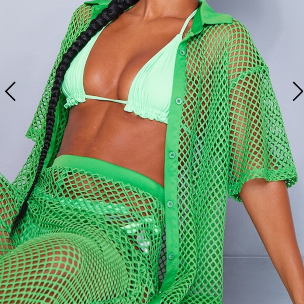 NWT PrettyLittleThing Green Net Short Sleeve Shirt and Straight Leg Pant Set 12